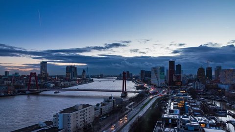Beautiful timelapse of the skyline of Rotterdam, the Netherlands, with the river Maas and the Erasmus bridge at sunset