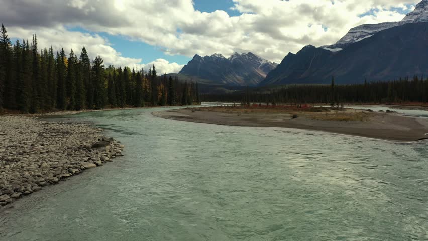 Aerial view of the Athabasca River with a small island in the middle, with a bluish color surrounded by thousands of trees and high mountains of the Canadian Rockies, on a fall day in Alberta, Canada.
