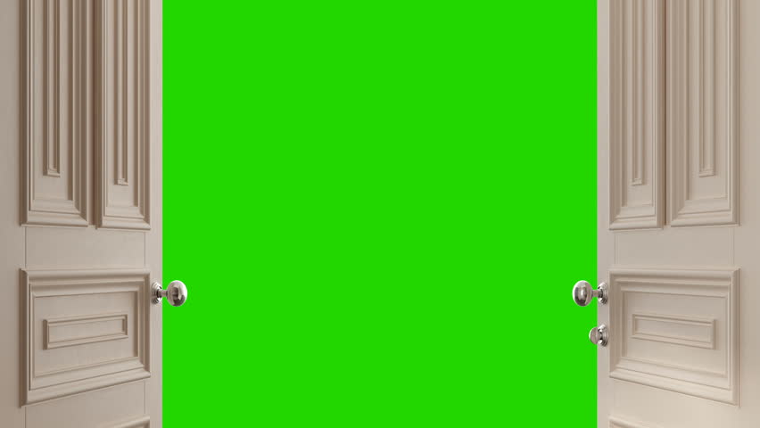 Beige doors opening to the white background. 4k, green chroma key.