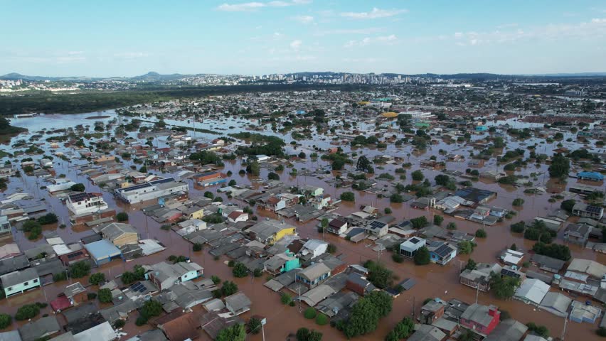 City of Novo Hamburgo near Porto Alegre covered in water due to river flooding in the disaster of April and May 2024. floods and landslides throughout RS Royalty-Free Stock Footage #3495900711