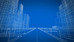 Moving Through the Growing Modern City Digital 3d Blueprint. Construction and Technology Concept. Blue color 3d animation. 4k UHD 3840x2160. - Powered by Shutterstock - Get 15% off with code: PIKWIZARD15