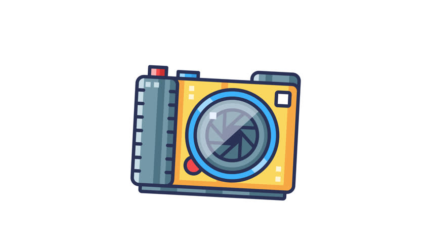 Animated camera with a lens and moving aperture. Suitable for photography websites, blogs, and social media posts on the topic of cameras.