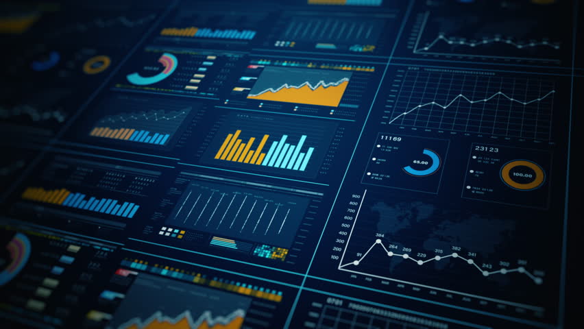 Advanced data analytics dashboard display. Business and financial investment. HUD infographic of financial. Information reports of business strategy for investment. Technology data analysis.