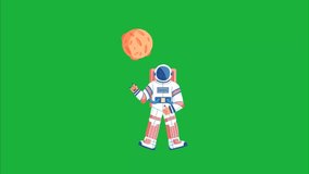 An animated video featuring a cartoon astronaut on a green screen background. The character explores space, providing a playful and customizable scene, ideal for educational or sci-fi-themed content