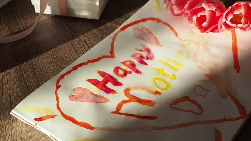 teenage boy preparing a gift at home for mother's day. Paints a heart for mom. son's love for mother. Pink tulips, gift. boy congratulating giving card with red heart, holiday celebration at home.