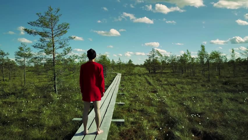 Chinese contemporary dancer in red shirt and black hat is performing on the path among the bog in National Park of Kemeri. 4k footage.