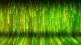 Video animation of glowing neon lines in green and yellow on reflecting floor - abstract background.