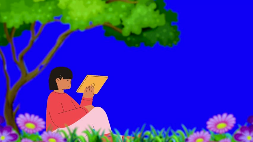 A Girl reading a book in a graden besides a lake calm and peaceful in 2D Motion Graohics and Animation