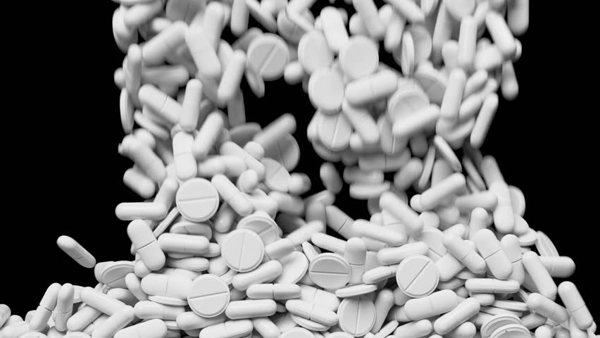 White tablets fall and fill the screen . Drugs, pills, tablets, medicine concept. 3d render animation. 3D Illustration