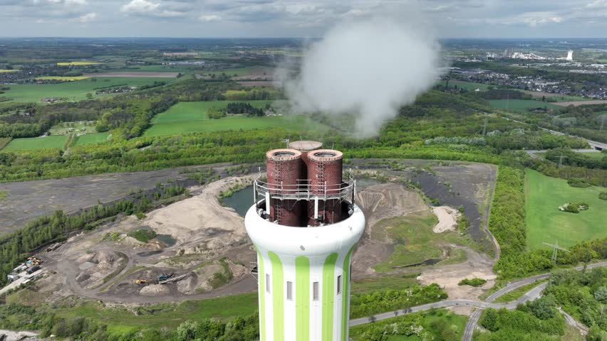 The Asdonkshof waste incineration plant in Kamp Lintfort. Thermal waste treatment and recycling. Combustion of waste, converted into new energy. Industrial installation. Aerial drone view. Royalty-Free Stock Footage #3496238419