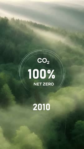 Net Zero Emission concept.Digital dashboard of CO2 level gauge percentage drop down to 0. Net Zero Emissions by 2050 policy animation concept, green renewable energy technology for future environment.
