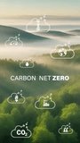 Net zero emission emissions , carbon reduce concept. Net zero greenhouse gas emissions target. Climate neutral long term strategy 2050 with net zero digital icons.Corporae vertical video