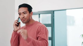 Phone call, conflict and upset man with mobile in home for argument, problem or bad customer service. Stress, speaking and unhappy person with cellphone for disagreement, frustrated or complaint - Powered by Shutterstock - Get 15% off with code: PIKWIZARD15