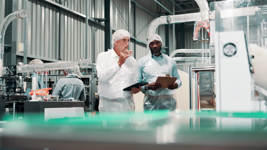 Engineering people, manager and factory for machine inspection and food production management on tablet. Senior boss or men on digital tech and clipboard for manufacturing and warehouse maintenance - Powered by Shutterstock - Get 15% off with code: PIKWIZARD15