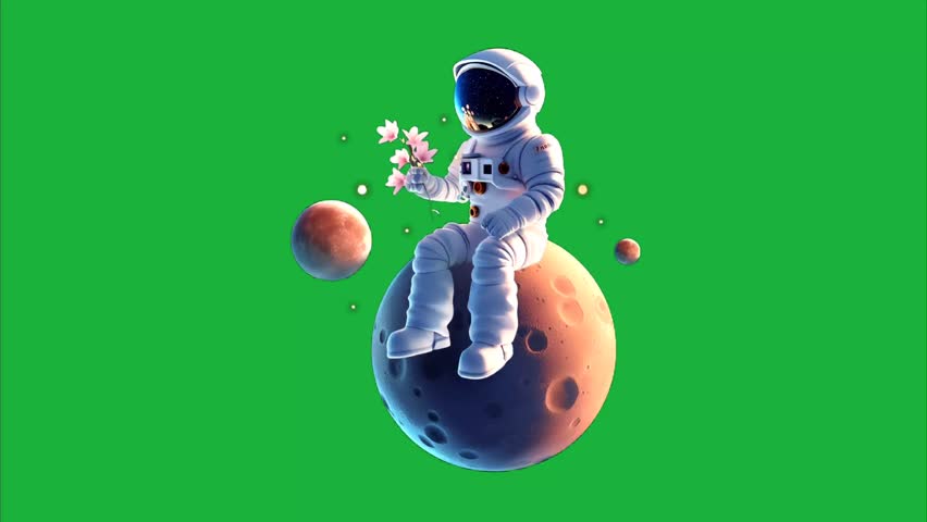 An animated video featuring a cartoon astronaut on a green screen background. The character explores space, providing a playful and customizable scene, ideal for educational or sci-fi-themed content