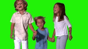 Siblings holding hands and jumping on green screen in slow motion - Powered by Shutterstock - Get 15% off with code: PIKWIZARD15