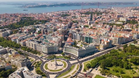  Lisbon Portugal Aerial timelapse Panorama view of city centre  Pombal square Sunny day Summer 4K