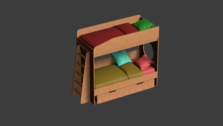 A wooden bunk bed with a ladder and a pillow on the top bunk. The bed is made up with a green and red comforter and a blue pillow