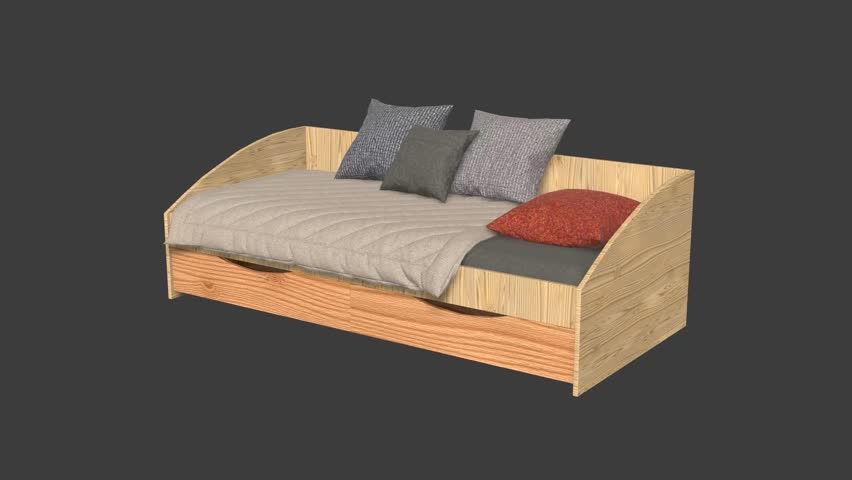 A wooden bed with pillows and a blanket. The bed is on a dark background