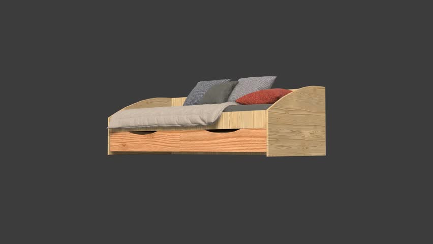 A wooden bed with a wooden drawer underneath it. The bed is covered with pillows and a blanket