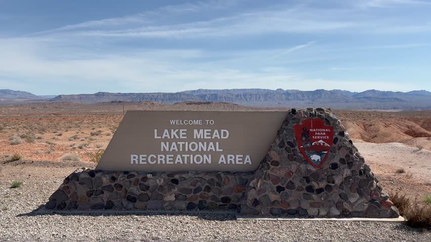 Stone entrance sign for Lake Mead National Recreation Area - Nevada, USA