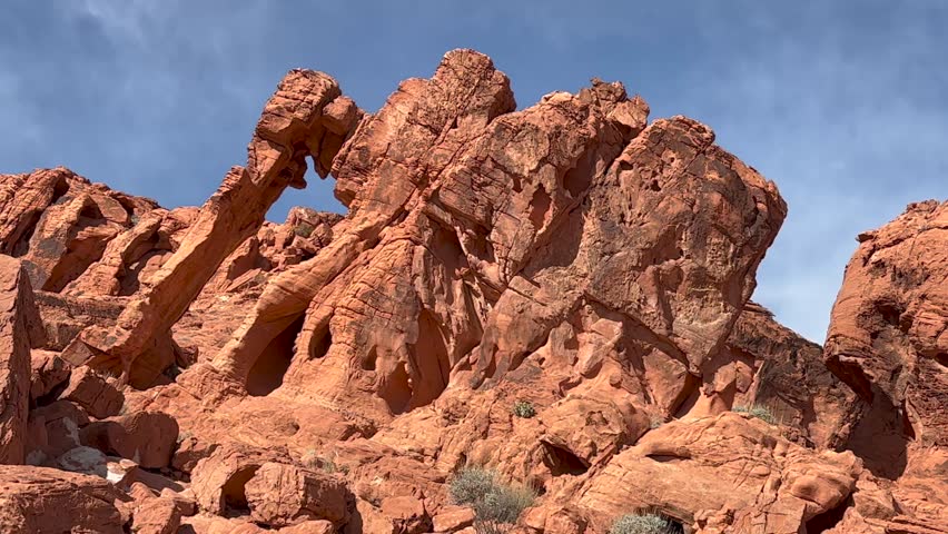 Close shot of famous Elephant Rock, a beautiful Navajo Sandstone formation carved by the elements. Taken on a sunny day - Valley of Fire State Park, Nevada, USA