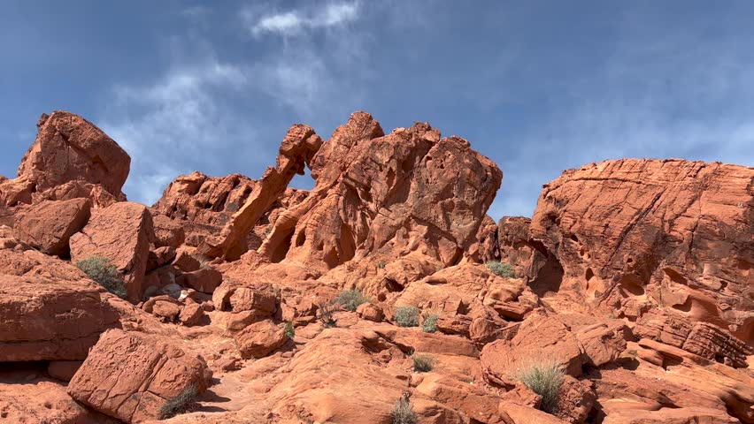 Famous Elephant Rock and surrounding red Navajo Sandstone rock formations on a sunny day - Valley of Fire State Park, Nevada, USA
