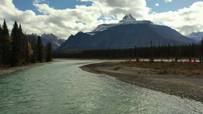 Aerial view of the Athabasca River with a small island in the middle, with a bluish color surrounded by thousands of trees and high mountains of the Canadian Rockies, on a fall day in Alberta, Canada.