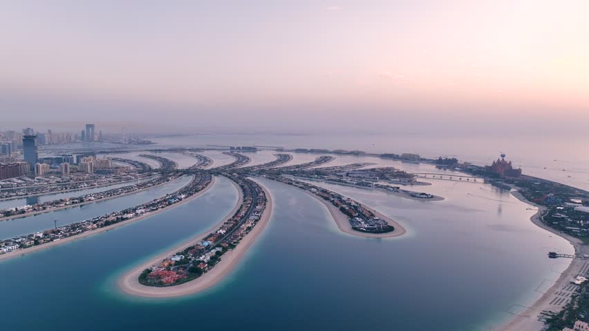Aerial view of Dubai's Palm Jumeirah man made islands on the coast of UAE