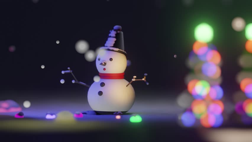 A snowman in a snowy field at night. It