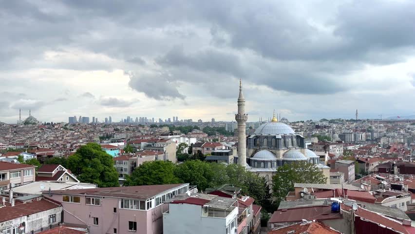 Panoramic Istanbul view different perspective angles city view sea ships buildings mosques sky gray cloudy amazing wonderful interesting background images 4K video shooting Tourism travel sightseeing 