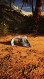 Remains of a Ram Skull Resting in the Desert Amongst Palm Trees
