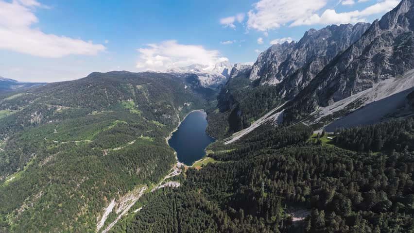 360 degrees seamless loopable aerial panorama of Gosaukamm and Dachstein massif, Gosau lake in Salzkammergut, Upper Austria.