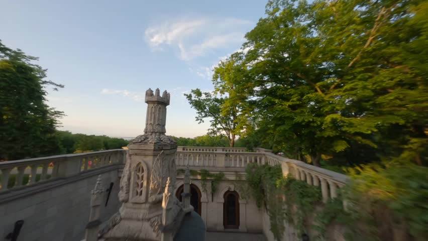 National Park in Ukraine. garden design. 4k top aerial view from above. Amazing house building rich residence Yanukovych. Drone camera view above elite palace pond