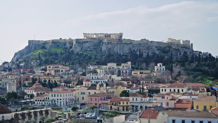 Aerial panoramic view of Monastiraki square and the Acropolis at sunrise in Athens Greece