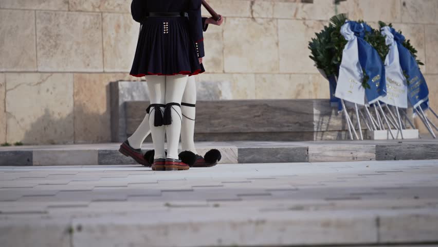 Evzonas Guardian in front of the Greek parliament in Athens, Greece, slow motion