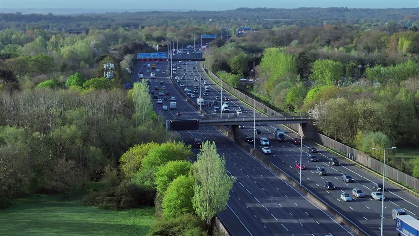 M25 Motorway Traffic Flow Aerial View Royalty-Free Stock Footage #3496596227