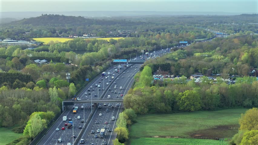 M25 Motorway Traffic Flow Aerial View Royalty-Free Stock Footage #3496600243