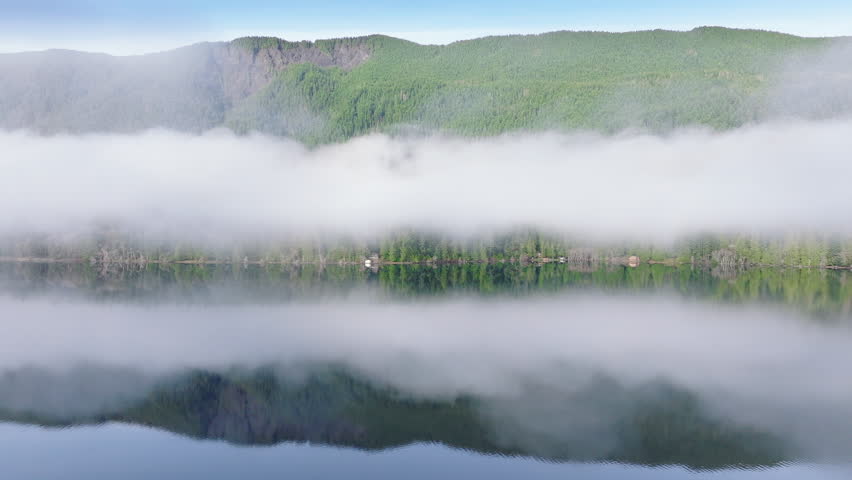 Captivating aerial footage captures the ethereal beauty of a fog-covered lake surrounded by dense green forests in Washington, creating a magical landscape. 4K footage. 