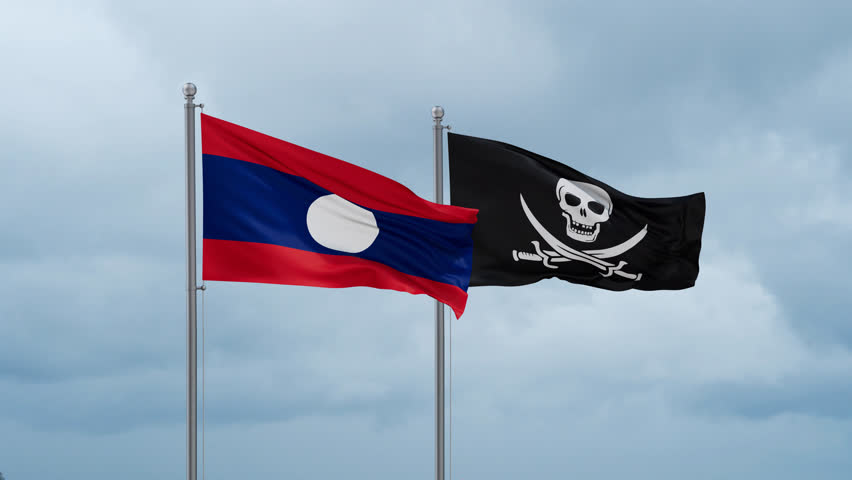 Laos flag and Corsair flag waving together on cloudy sky, endless seamless loop Royalty-Free Stock Footage #3496794169