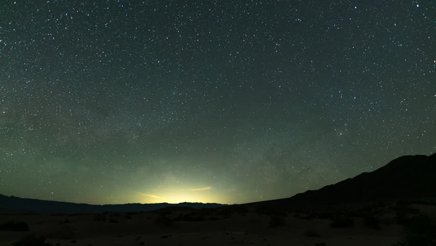 Timelapse pan of Milky Way galaxy over Mesquite Flat Sand Dunes at Badwater Basin in Death Valley National Park in California, USA