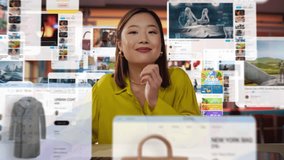 Asian Woman Engages with Future Technology as She Interacts with a Dynamic Array of Floating Digital Screens Displaying News, Social Media, and Lifestyle Content in a Bright, Modern Workspace - Powered by Shutterstock - Get 15% off with code: PIKWIZARD15