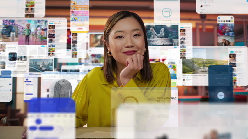 Dynamic Portrait with an Asian Woman Engaging in Online Shopping and Content Creation at Her Home Office. Camera Fluidly Moves Around Her, Capturing Her Interactions With Multiple Digital Screens