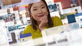 POV Video of a Woman Engaging in Online Shopping and Social Media Interactions Through a Desktop Computer with a Dynamic Display of Digital Content, Framed with a Slightly Tilted Camera Angle - Powered by Shutterstock - Get 15% off with code: PIKWIZARD15