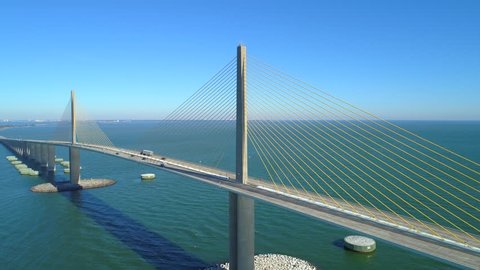 Aerial drone video steel cable suspension bridge Tampa Florida skyway