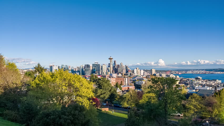 Seattle Skyline Sunset with Space Needle on a Beautiful Sunny Day - Timelapse