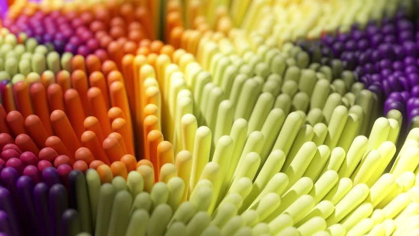 Vibrant 3D abstract visualization of cylindrical shapes in a gradient of rainbow colors, offering a playful and colorful texture. 3D Illustration