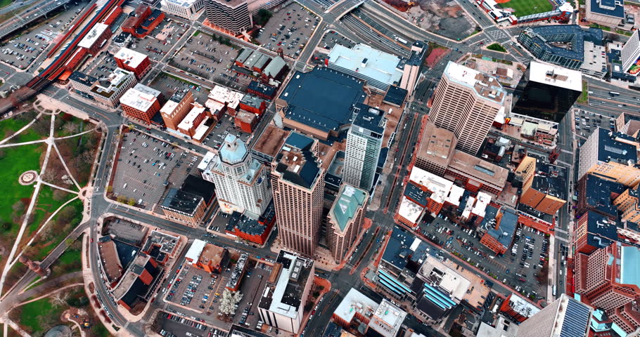 Plenty of parking lots in the scenery of modern city. Top view on the downtown of Hartford, Connecticut, USA at day.