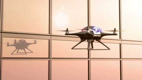 Morning Patrol, Police Quadcopter Flies along the office building, seamless looping 3d animation, 4K
