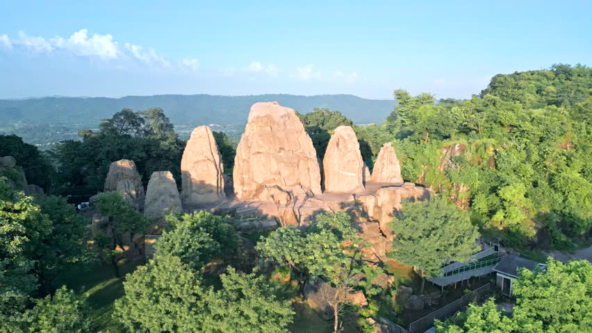 Masroor Rock Cut Temple, Hindu temple, Himachal Pradesh from drone, India